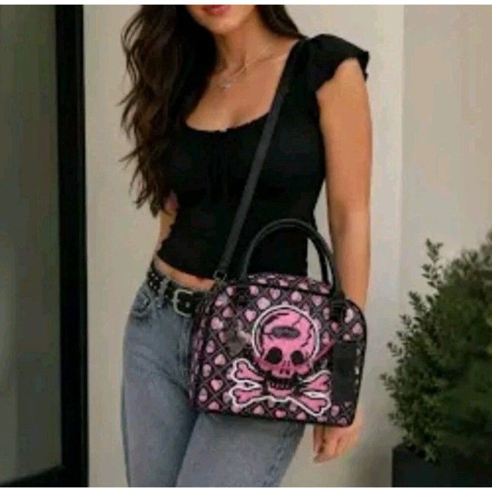Ed Hardy Pink Skull Rhinestone Satchel Crossbody Bag